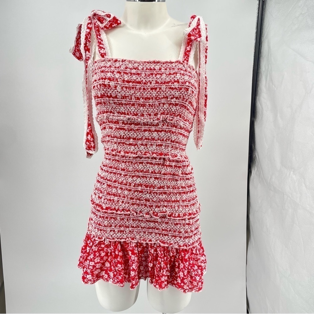 Olivaceous Smocked shirred ruffle tie shoulder red Floral Dress Sz S